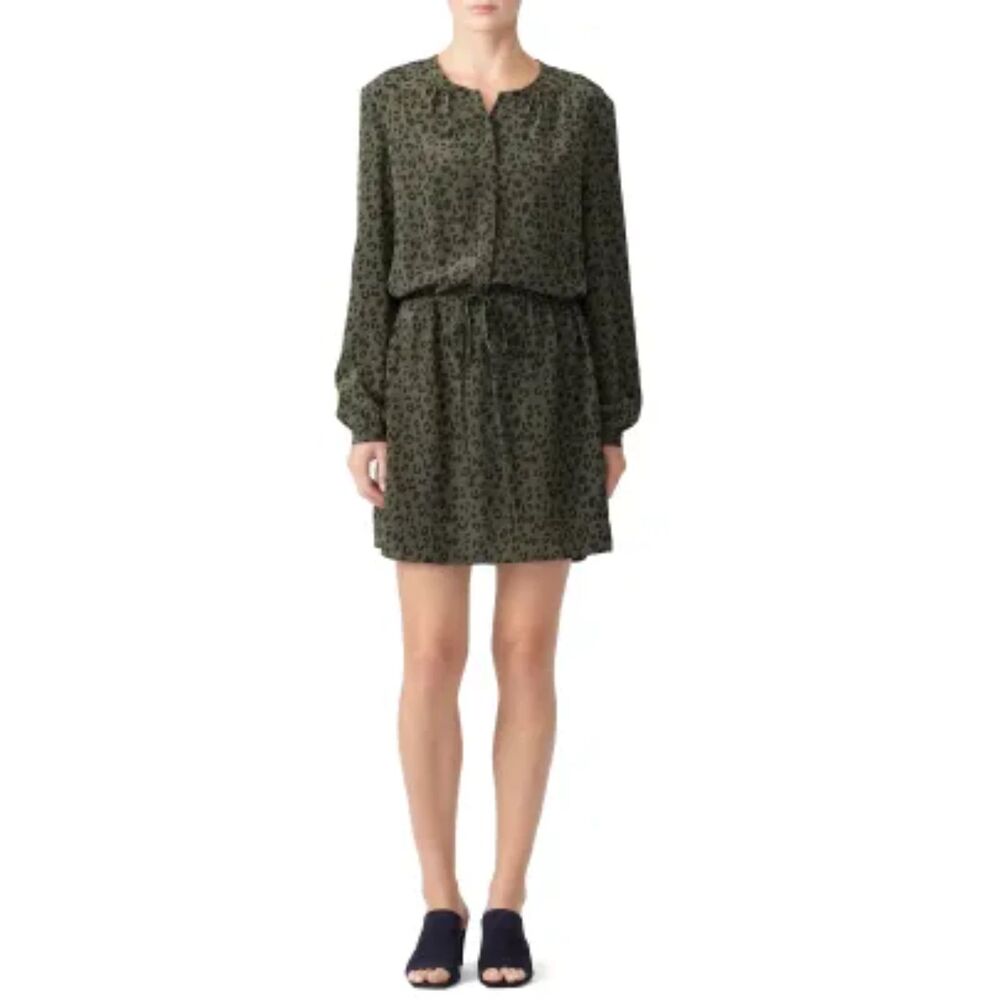RAILS Womens Shirt Dress Small Olive Drawstring Waist Blouson Silk HAHA CHEETAH